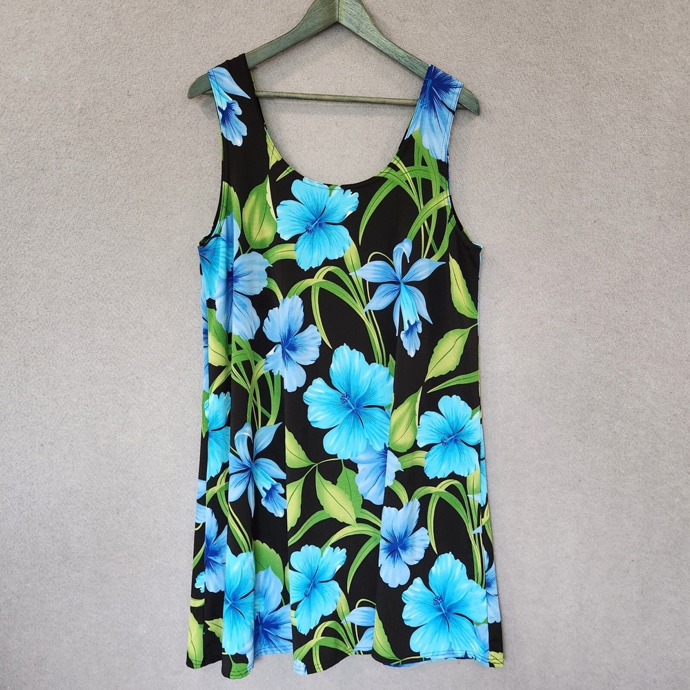 BaBa Hawaii Floral Print Dress Hawaiian Print 2XL Blue Green Knee Length Midi